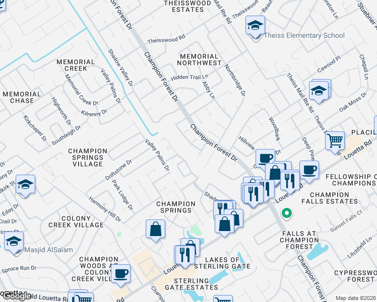 map of restaurants, bars, coffee shops, grocery stores, and more near 17302 Shadow Valley Drive in Spring