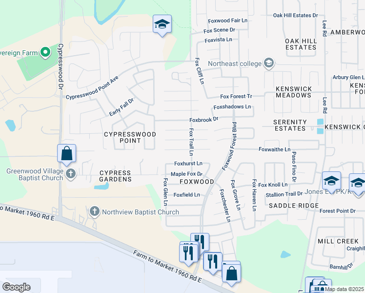 map of restaurants, bars, coffee shops, grocery stores, and more near 6948 Foxwaithe Lane in Humble