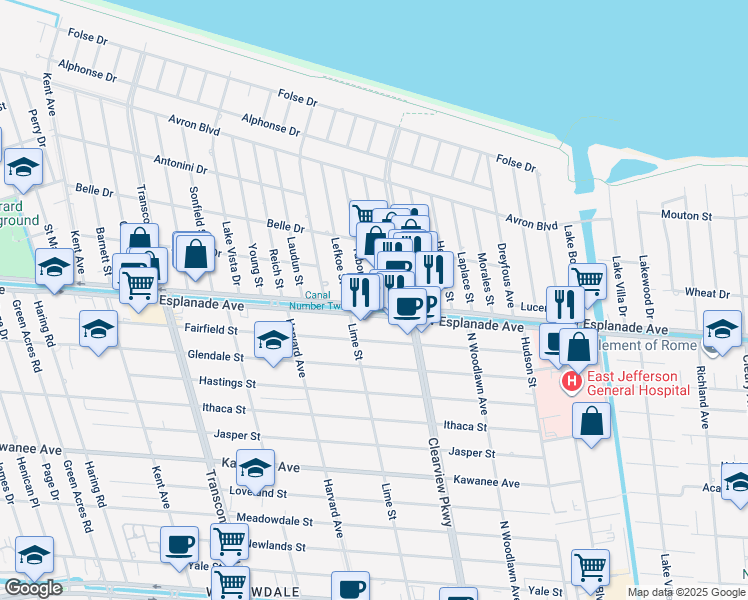 map of restaurants, bars, coffee shops, grocery stores, and more near 4400 Shores Drive in Metairie
