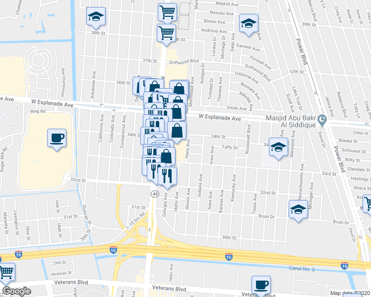 map of restaurants, bars, coffee shops, grocery stores, and more near 3311 Hans Avenue in Kenner