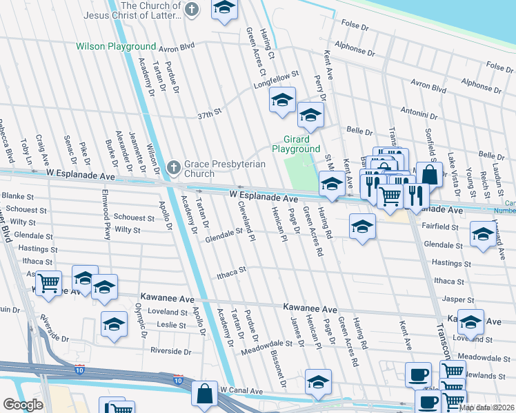 map of restaurants, bars, coffee shops, grocery stores, and more near 4316 James Drive in Metairie