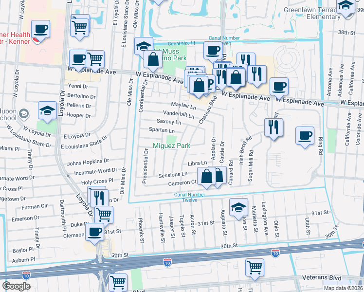 map of restaurants, bars, coffee shops, grocery stores, and more near 3280 Rancher Road in Kenner