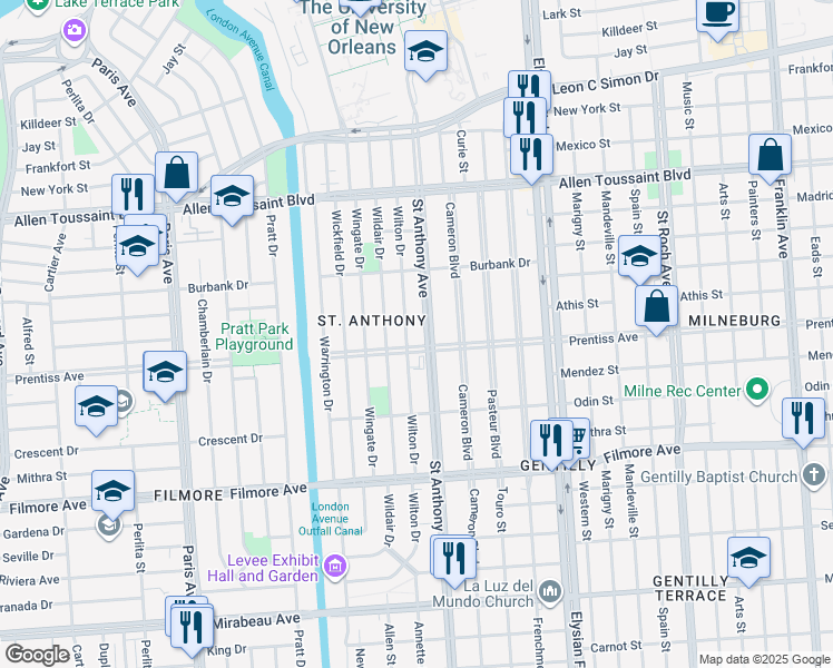 map of restaurants, bars, coffee shops, grocery stores, and more near 5700 Saint Anthony Avenue in New Orleans