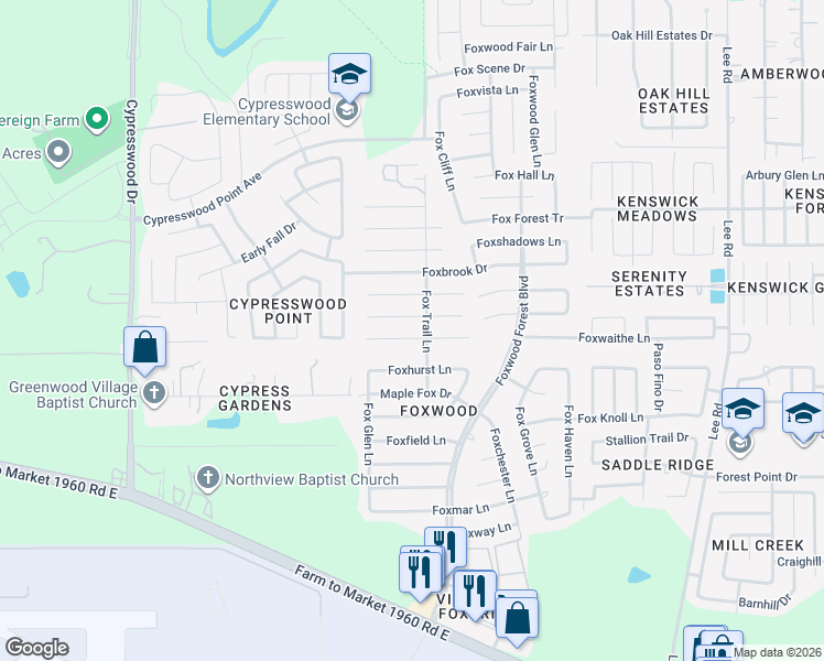 map of restaurants, bars, coffee shops, grocery stores, and more near 6943 Foxwaithe Lane in Humble