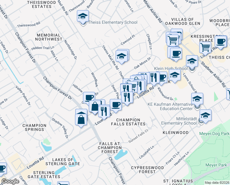 map of restaurants, bars, coffee shops, grocery stores, and more near 8002 Lichen Lane in Spring