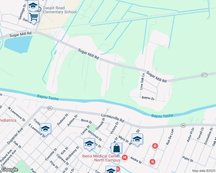 map of restaurants, bars, coffee shops, grocery stores, and more near 203 Oak Hill Road in New Iberia