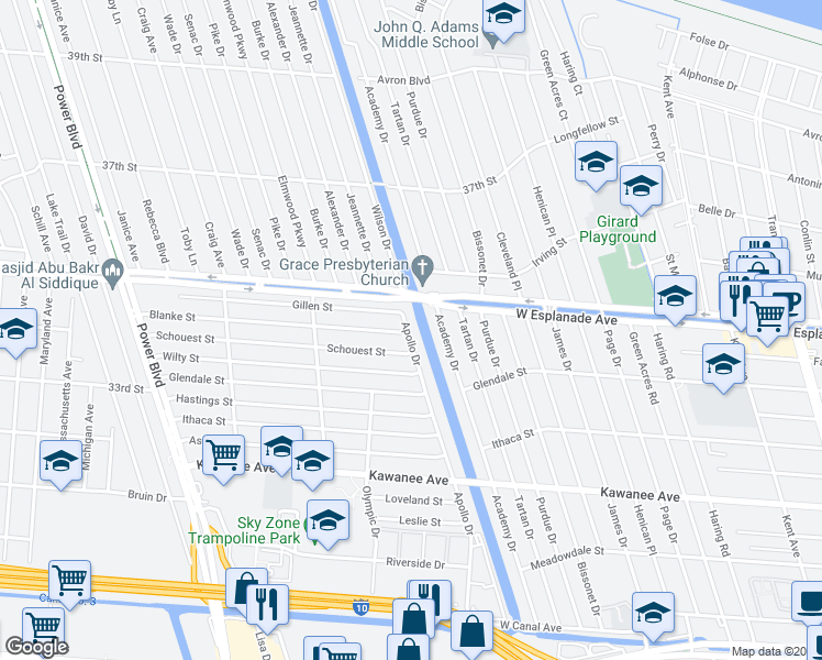 map of restaurants, bars, coffee shops, grocery stores, and more near 4321 Apollo Drive in Metairie