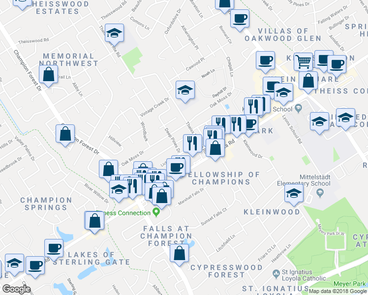 map of restaurants, bars, coffee shops, grocery stores, and more near 7918 Lichen Lane in Spring