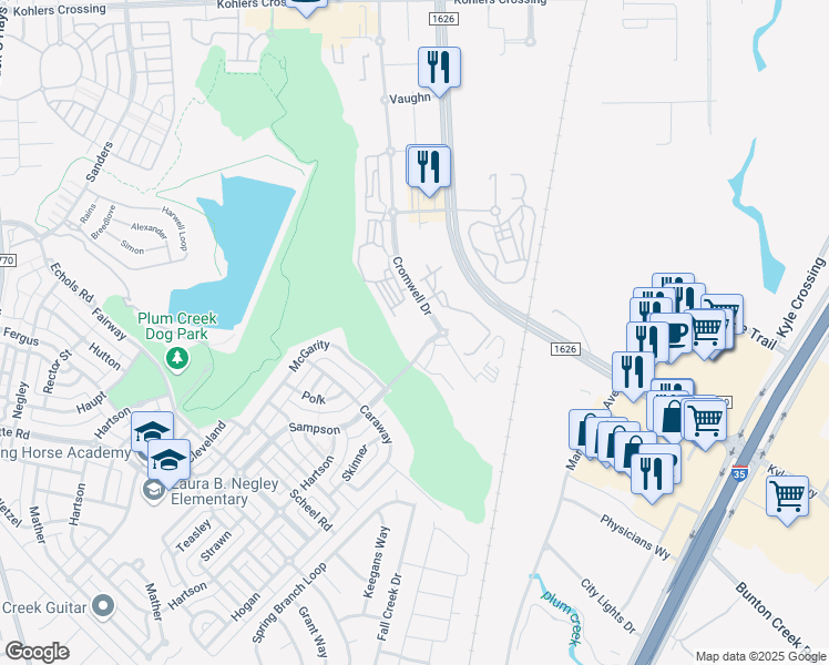 map of restaurants, bars, coffee shops, grocery stores, and more near 4850 Cromwell Drive in Kyle