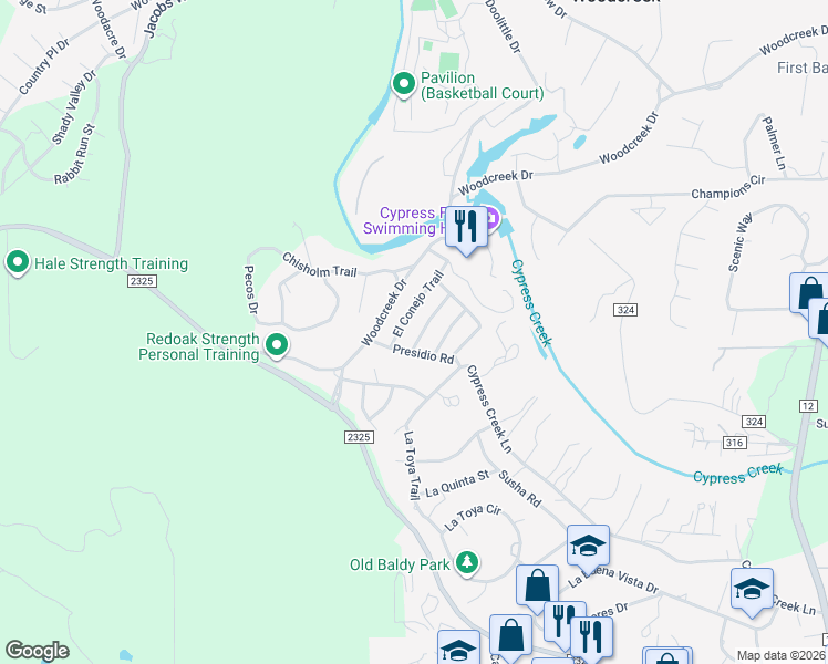 map of restaurants, bars, coffee shops, grocery stores, and more near 29 El Conejo Trail in Wimberley