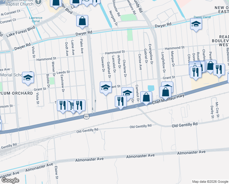 map of restaurants, bars, coffee shops, grocery stores, and more near 4510 Lancelot Drive in New Orleans