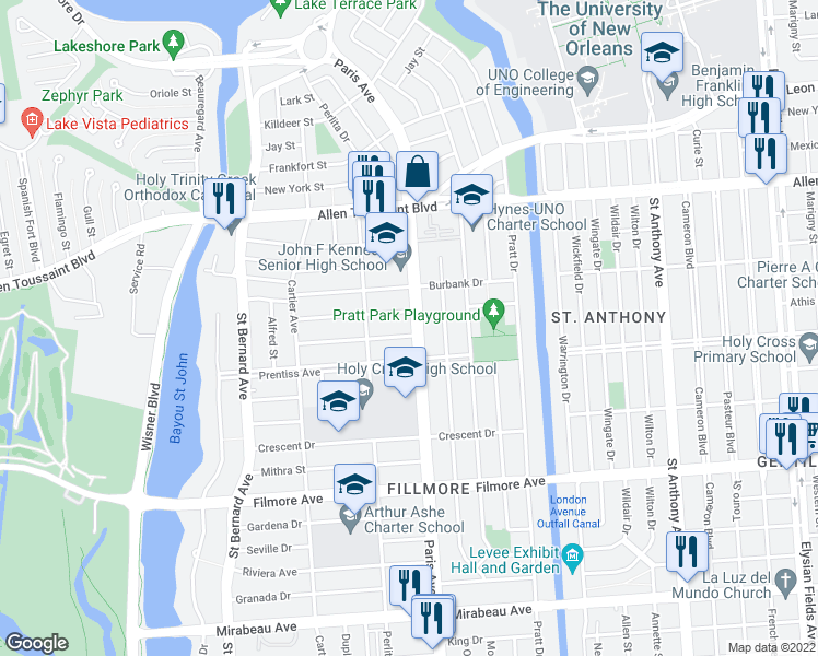map of restaurants, bars, coffee shops, grocery stores, and more near 5727 Paris Avenue in New Orleans