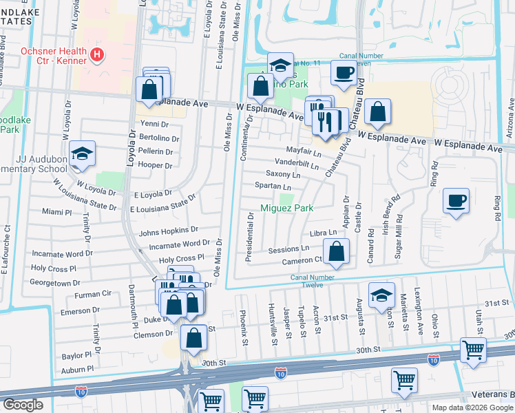 map of restaurants, bars, coffee shops, grocery stores, and more near 3285 Presidential Drive in Kenner