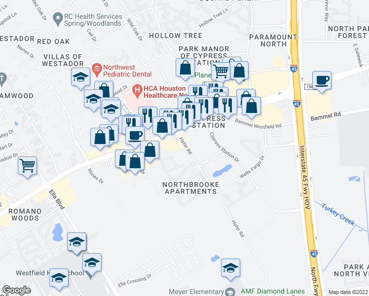 map of restaurants, bars, coffee shops, grocery stores, and more near 17225 Hafer Road in Houston