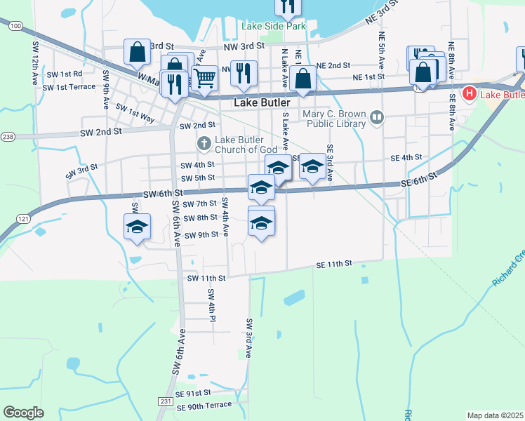 map of restaurants, bars, coffee shops, grocery stores, and more near 150 Southwest 6th Street in Lake Butler