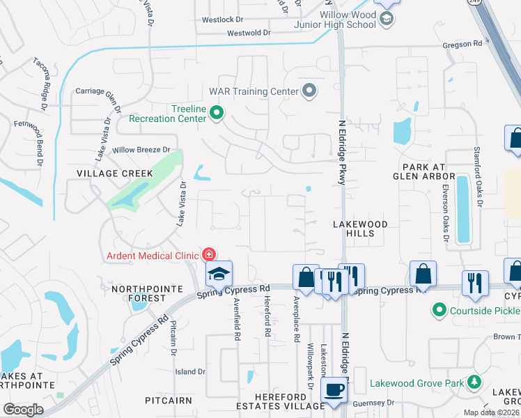 map of restaurants, bars, coffee shops, grocery stores, and more near 17310 Lyric Way Drive in Tomball
