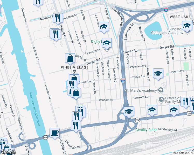 map of restaurants, bars, coffee shops, grocery stores, and more near 4714 Shalimar Drive in New Orleans