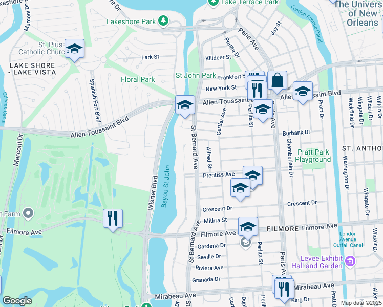 map of restaurants, bars, coffee shops, grocery stores, and more near 5818 Saint Bernard Avenue in New Orleans