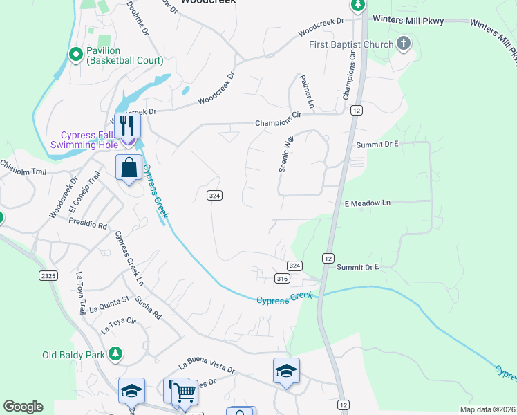 map of restaurants, bars, coffee shops, grocery stores, and more near 60 Canyon Creek Drive in Wimberley