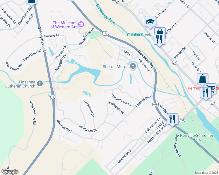 map of restaurants, bars, coffee shops, grocery stores, and more near 2225 Rock Creek Drive in Kerrville