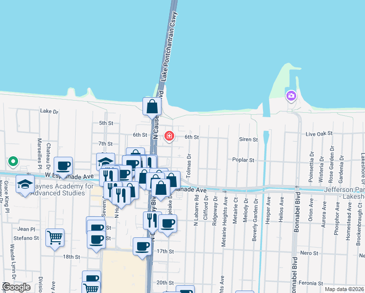 map of restaurants, bars, coffee shops, grocery stores, and more near 3805 Tolmas Drive in Metairie