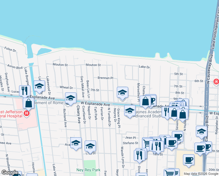 map of restaurants, bars, coffee shops, grocery stores, and more near 4534 North Turnbull Drive in Metairie