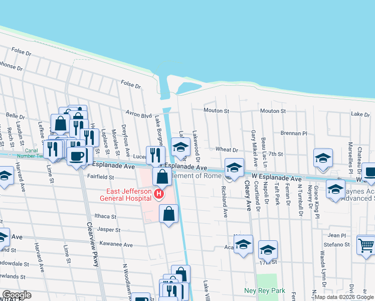 map of restaurants, bars, coffee shops, grocery stores, and more near 4413 Lake Villa Drive in Metairie