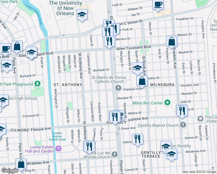 map of restaurants, bars, coffee shops, grocery stores, and more near 5715 Vermillion Boulevard in New Orleans