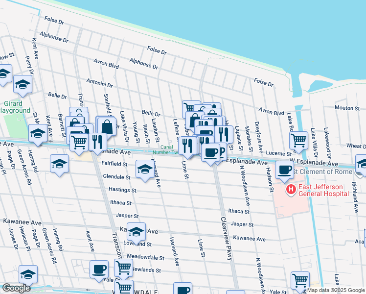 map of restaurants, bars, coffee shops, grocery stores, and more near 4708 West Esplanade Avenue in Metairie