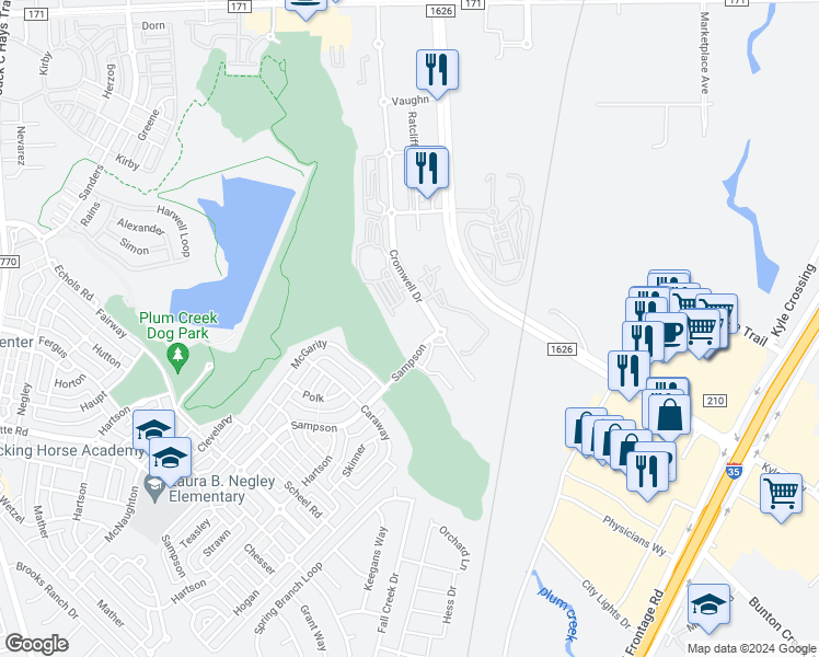map of restaurants, bars, coffee shops, grocery stores, and more near 4850 Cromwell Drive in Kyle