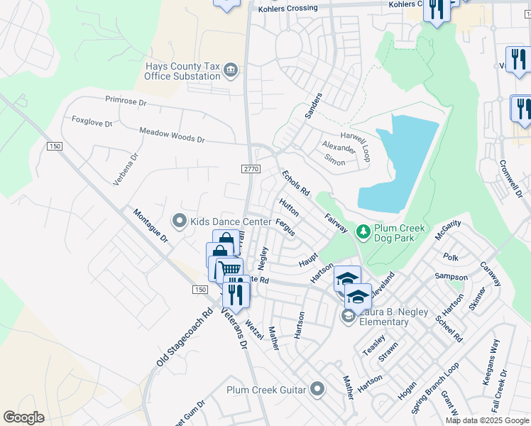 map of restaurants, bars, coffee shops, grocery stores, and more near 5716A Michaelis Road in Kyle