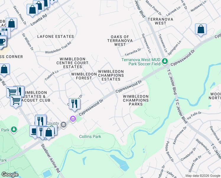 map of restaurants, bars, coffee shops, grocery stores, and more near 6334 Cypresswood Drive in Spring