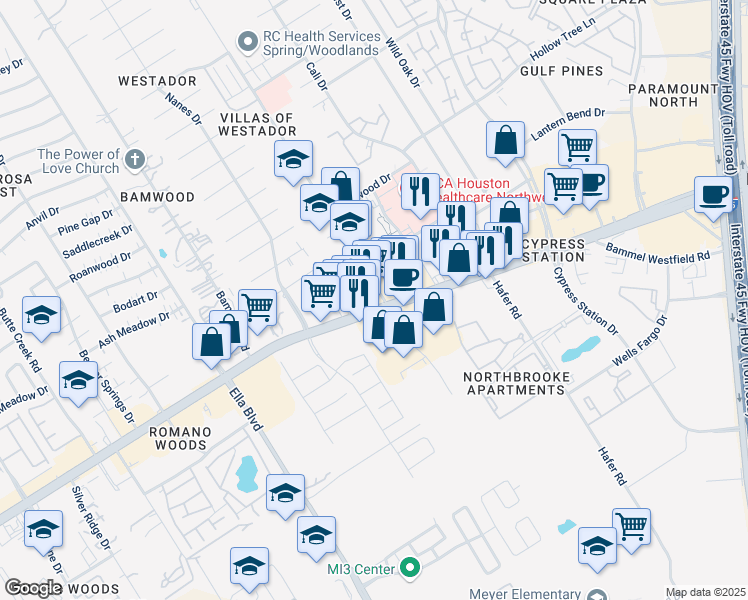 map of restaurants, bars, coffee shops, grocery stores, and more near 17115 Red Oak Drive in Houston