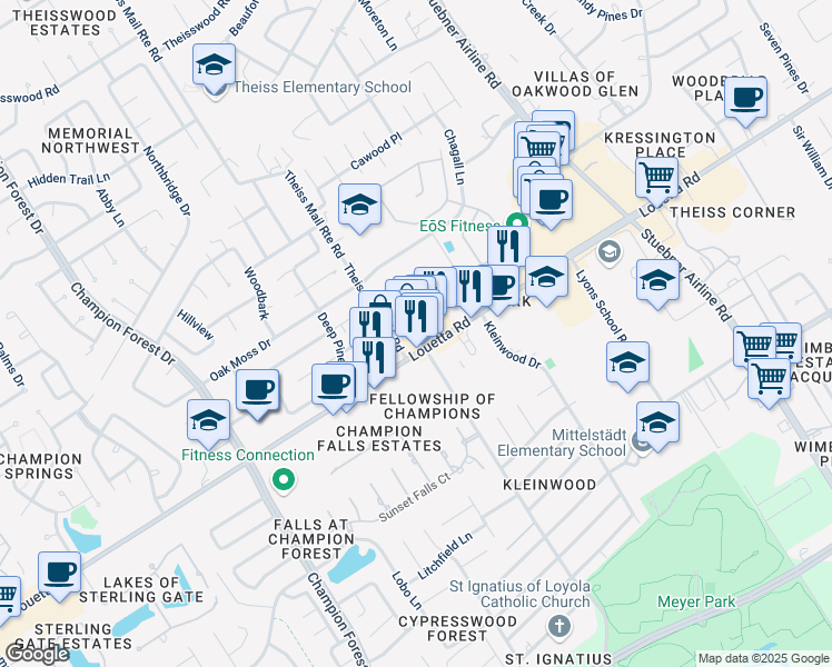 map of restaurants, bars, coffee shops, grocery stores, and more near 7801 Louetta Road in Spring