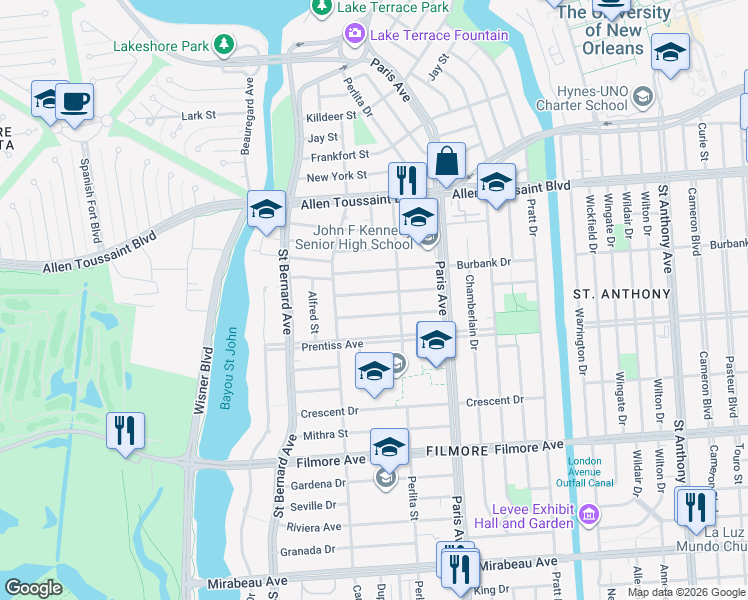 map of restaurants, bars, coffee shops, grocery stores, and more near 1476 Athis Street in New Orleans