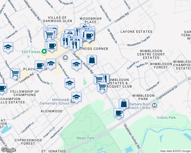 map of restaurants, bars, coffee shops, grocery stores, and more near 16410 Stuebner Airline Road in Spring