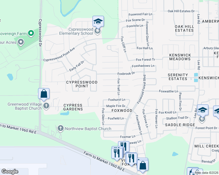 map of restaurants, bars, coffee shops, grocery stores, and more near 6916 Foxwaithe Lane in Humble