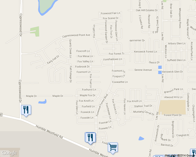 map of restaurants, bars, coffee shops, grocery stores, and more near 7022 Foxport Ln in Humble