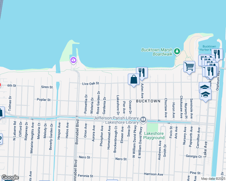 map of restaurants, bars, coffee shops, grocery stores, and more near 1410 Lakeshore Drive in Metairie