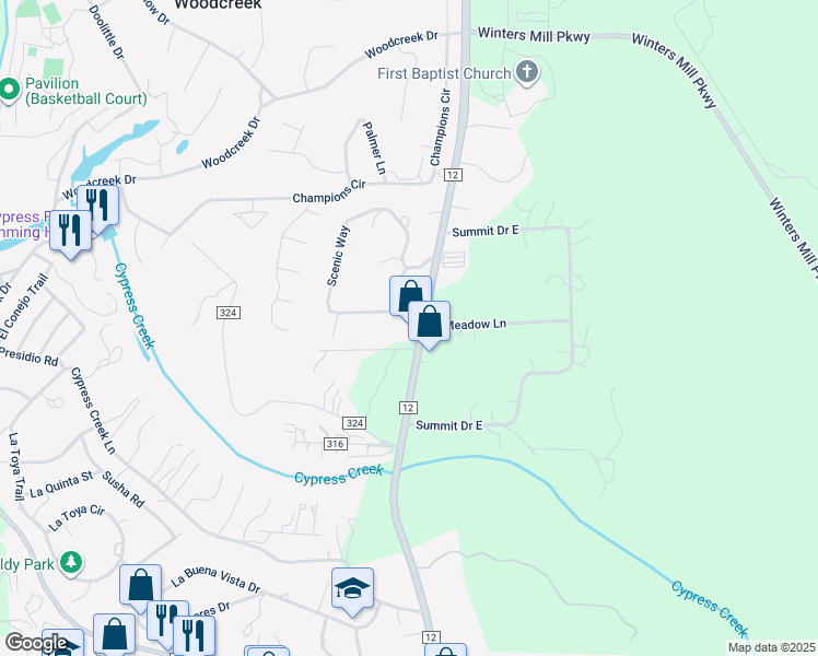map of restaurants, bars, coffee shops, grocery stores, and more near Ranch to Market 12 in Wimberley
