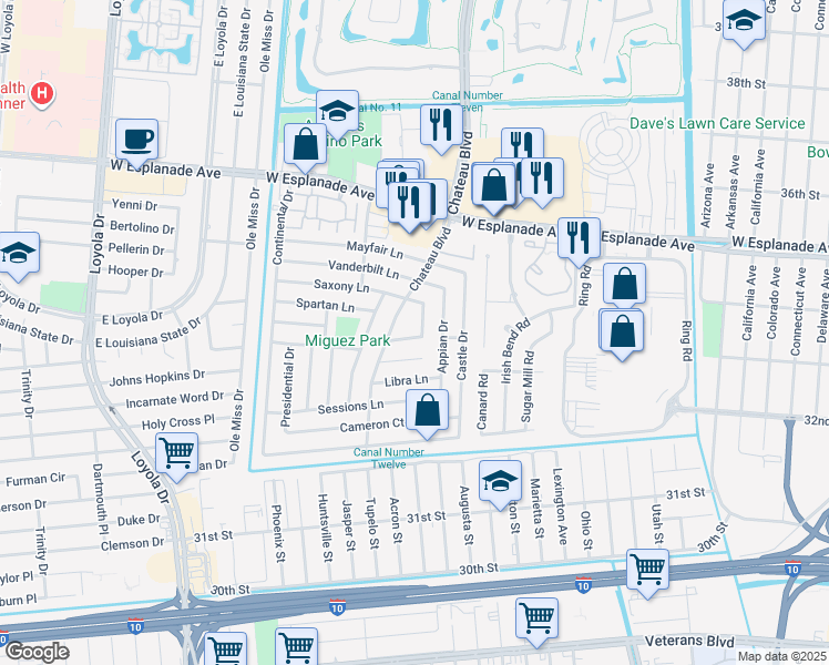 map of restaurants, bars, coffee shops, grocery stores, and more near 812 Dolphin Court in Kenner