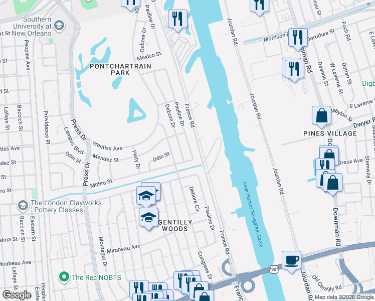 map of restaurants, bars, coffee shops, grocery stores, and more near 5400 Debore Drive in New Orleans