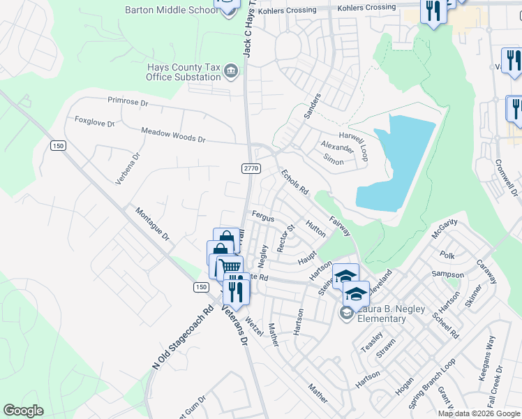 map of restaurants, bars, coffee shops, grocery stores, and more near 5716A Michaelis Road in Kyle