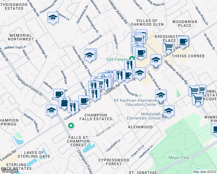 map of restaurants, bars, coffee shops, grocery stores, and more near 7801 Louetta Road in Spring