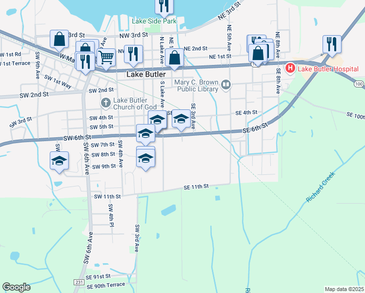 map of restaurants, bars, coffee shops, grocery stores, and more near 208 Southeast 6th Street in Lake Butler