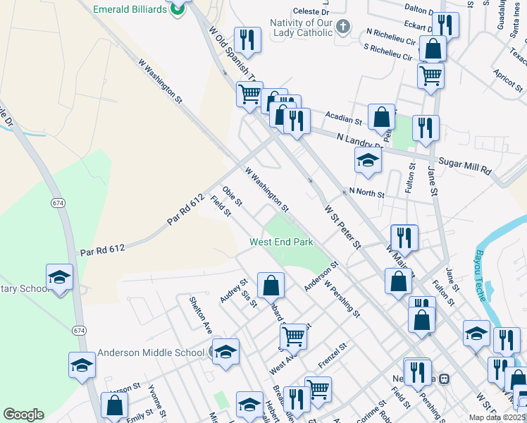 map of restaurants, bars, coffee shops, grocery stores, and more near 201 Gilbert Drive in New Iberia