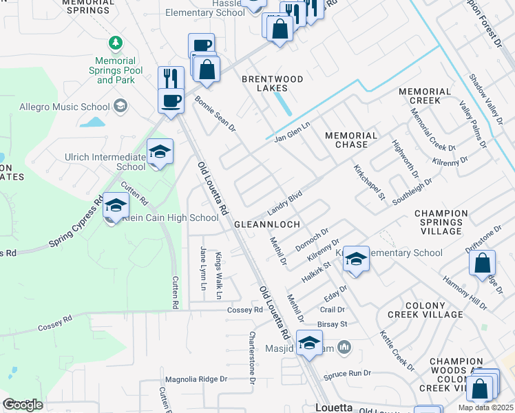 map of restaurants, bars, coffee shops, grocery stores, and more near 9715 Ballin David Drive in Spring