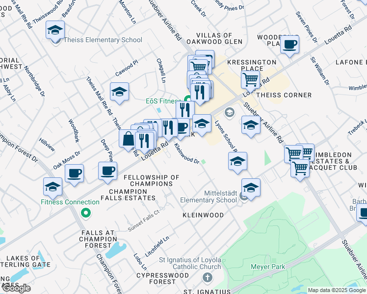 map of restaurants, bars, coffee shops, grocery stores, and more near 7511 Louetta Road in Spring