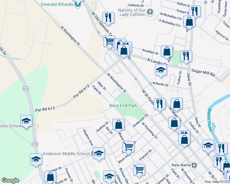 map of restaurants, bars, coffee shops, grocery stores, and more near 201 Gilbert Drive in New Iberia
