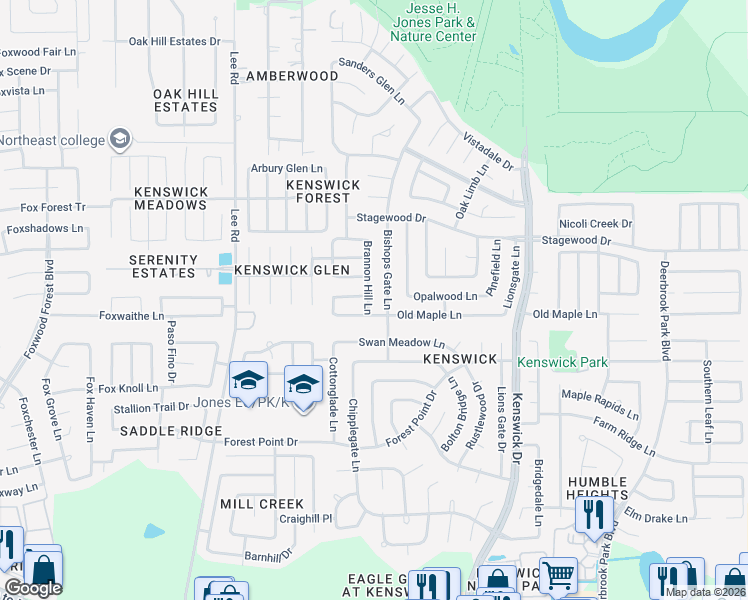 map of restaurants, bars, coffee shops, grocery stores, and more near 20938 Brannon Hill Lane in Humble